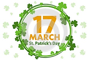 Vector round frame with shamrock leaves over white background. Illustration For Happy St. Patrick Day. Greeting card