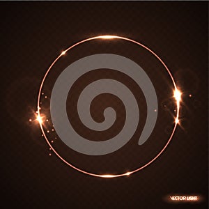 Vector round frame with sparks and spotlight. Shining circle banner. Vector illustration isolated on black transparent background.