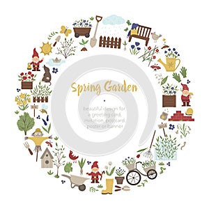 Vector round frame with springy garden tools, flowers, herbs, plants photo