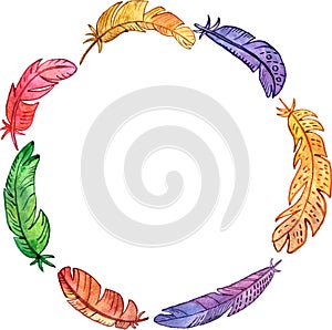 Vector round frame with watercolor feathers