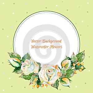Vector round frame of white rose and other. Watercolor wreath.