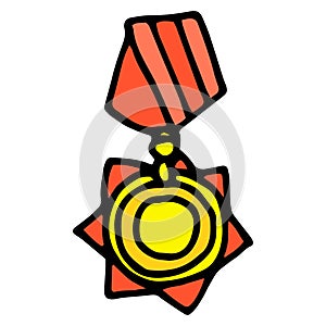 Vector round gold medal on a red ribbon is a symbol of victory. a hand-drawn red ribbon with a black outline in doodle