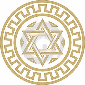 Vector round golden jewish national ornament. Star of David. Semitic folk circle, pattern.