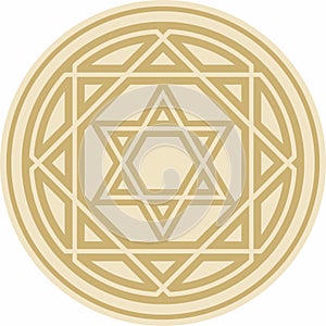 Vector round golden jewish national ornament. Star of David. Semitic folk circle, pattern.