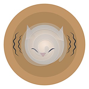 Vector round orange icon icon head of a gray white mournful painted cat with lines of sound vibration isolated on a white backgrou