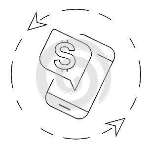 Vector round symbol of currency with dollar sign, mobile phone and arrows for mobile apps. Line icon for financial transactions.