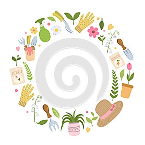 Vector round wreath with garden tools, flowers, herbs, plants