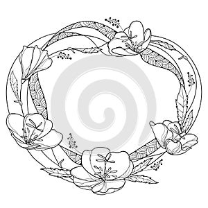 Vector round wreath of outline Oenothera or evening primrose flower bunch with bud and leaf in black isolated on white background.