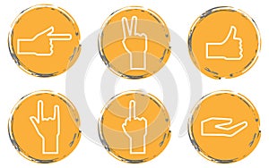 Vector round yellow careless grunge icons gestures with hands, symbols for your design