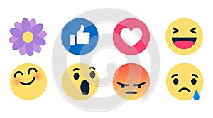 Vector round yellow cartoon bubble emoticons for social media chat comment reactions, icon template face tear, smile, sad, flower,