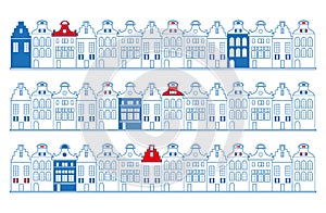 Vector rows of old Dutch Holland, Amsterdam traditional houses in blue, red and white