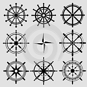 Vector rudder black and white flat icons set. Rudder wheel illus