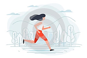 Vector - running girl. Park, forest, trees