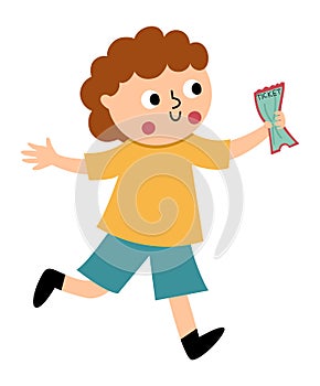 Vector running little boy with ticket in hand. Kid looking forward to see show or play. Spectator icon isolated on white