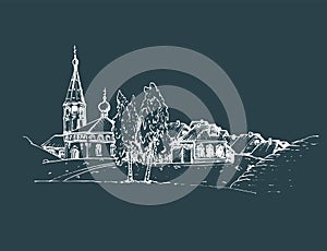 Vector rural landscape illustration. Hand drawn russian countryside or farmland. Sketch of village with church, birches.