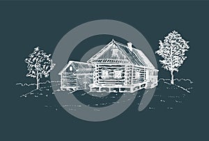 Vector rural landscape illustration. Hand drawn russian countryside poster. Sketch of village peasants house