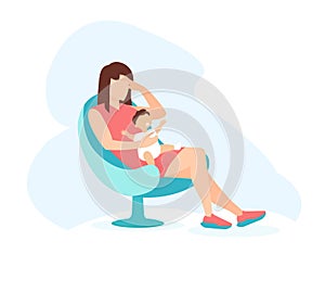 Vector of a sad woman with a child in her arms. Postpartum depression