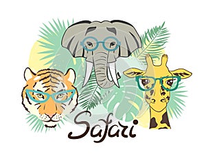 Vector Safari illustration with animals - elephant, tiger, giraffe