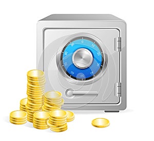 Vector safe with gold coins.