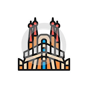 Vector Sagrada Familia, Spain, landmark flat color line icon.