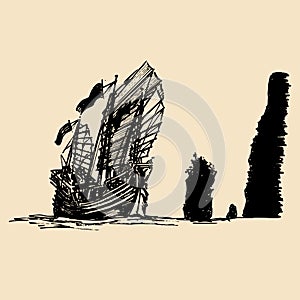 Vector sailing chinese junk ship in the sea in ink line style. Hand sketched sailing eastern boat.