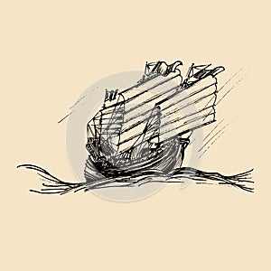 Vector sailing chinese junk ship in the sea in ink line style. Hand sketched sailing eastern boat.