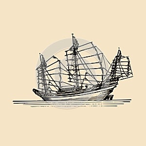 Vector sailing chinese junk ship in the sea in ink line style. Hand sketched sailing eastern boat.