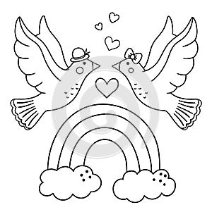 Vector Saint Valentine day black and white background with cute doves and rainbow. Funny scene with two enamored birds. Funny