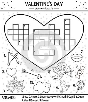 Vector Saint Valentine day black and white crossword puzzle for kids. Simple heart shaped quiz with holiday objects or coloring