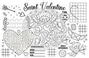 Vector Saint Valentine placemat for kids. Love holiday printable activity mat with maze, tic tac toe charts, connect the dots,