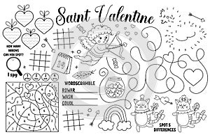 Vector Saint Valentine placemat for kids. Love holiday printable activity mat with maze, tic tac toe charts, connect the dots,