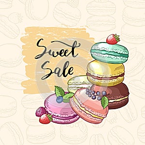 Vector sale background with colored hand drawn macaroons for pastry shop