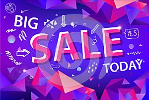 Vector sale banner, poster with hand drawn doodle elements. 3d origami facet shapes promo posters