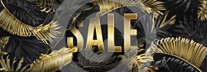 Vector sale big banner with gold tropical leaves