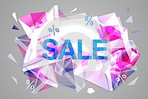 Vector sale facet crystal banner. 3d abstract shape poster, card, advertising. Rose color winter wholesale concept with