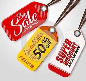 Vector Sale Tags Set with Different Colors Hanging in White Background