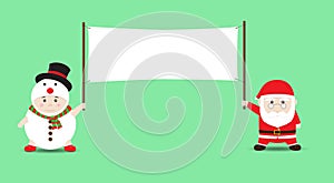 Vector Santa Claus and Boy in Snowman costume holding Blank Banner
