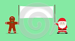 Vector Santa Claus and Cookie Man or Gingerbread men holding Blank Banner