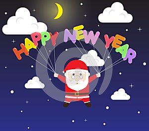 Vector Santa Claus holding Happy New Year Balloon in Snow Night Sky