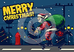 Santa claus ride skateboard around city