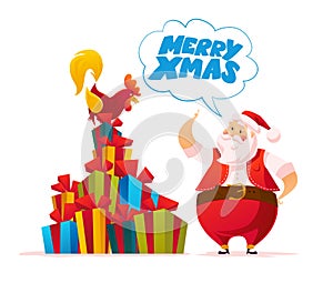 Vector santa and funny rooster characters portrait on white background.