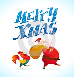 Vector santa and funny rooster characters portrait on white background.