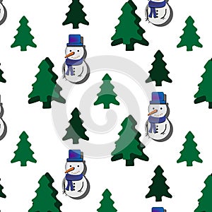 Vector santa seamless.Seamless Christmas pattern with snowmen on a white background and Christmas trees. For wrapping