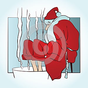 Vector santa warms frozen feet in hot water