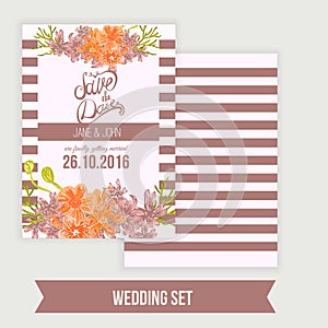 Vector save the date card with hand drawn vintage daisy flower in rustic style and lettering.