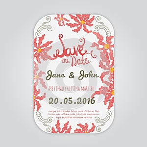 Vector save the date card with hand drawn vintage flower in rustic style and lettering.