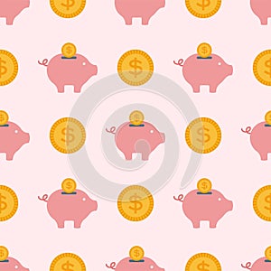 Vector save money piggy bank flat design banking economy save coin finance moneybox seamless pattern background