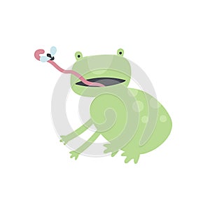 Vector scandinavian animal character illustration. Colorful childish cute jumping frog catch by tongue and eat fly isolated on