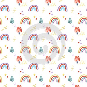 Vector scandinavian seamless pattern clouds, rain, sun and rainbow. Cute simple doodle background for children room