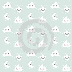 Vector scandinavian seamless pattern with moon, cloud and stars. Hand drawn children vector cartoon illustration for